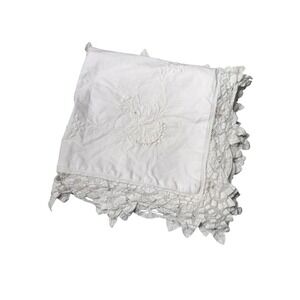 Two Vintage Battenberg White Crochet Pillow Shams Hand Embroidery Shabby Cottage